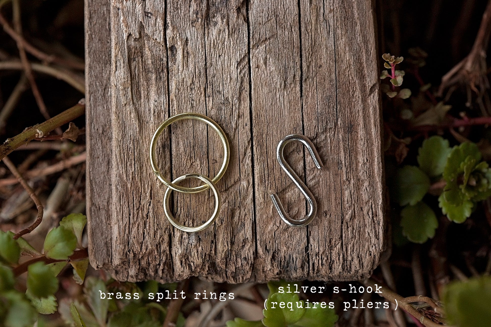 You can choose between brass split rings or a silver s-hook for attaching the tag to your pet's collar.  The silver s-hook requires the use of pliers.